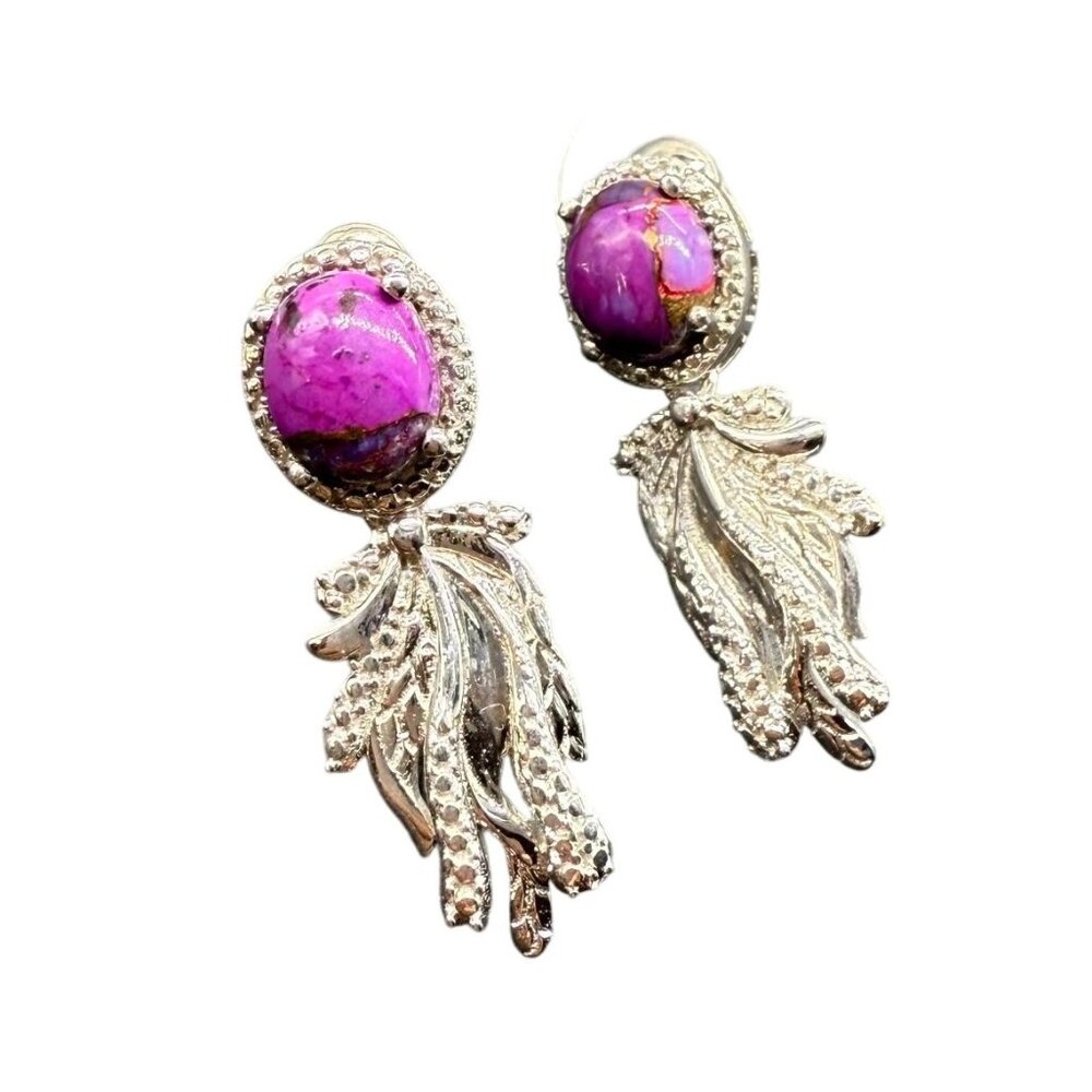 New STS Karis Purple Stone Leaf Dangle Drop Earrings Silver Tone Modern Chic